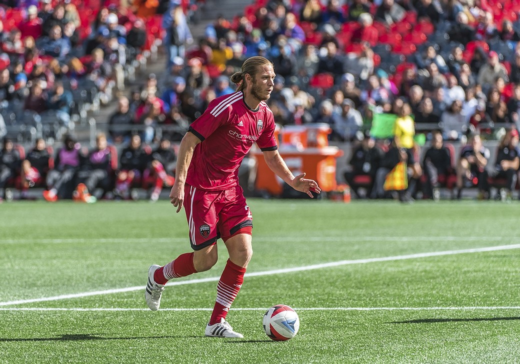 Ottawa Fury FC midfielder Lance Rozeboom (#25) during the NASL match between the Ottawa Fury FC and New York Cosmos FC at TD Place Stadium in Ottawa, ON. Canada on Oct. 9, 2016. PHOTO: Steve Kingsman/Freestyle Photography