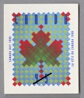 Maple leaf design by Raymond Bellemare, made into a quilt by artisan Claire Brisson, and then a stamp in 1996