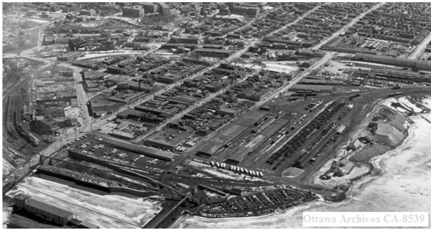 Aerial view of the flats in 1960, a couple of years before being cleared - Ottawa Archives CA-8539.
