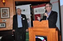 Mayor Jim Watson and Bruce Lazenby, the CEO of Invest Ottawa, congratulate entrepreneurs at the GEW kick-off.